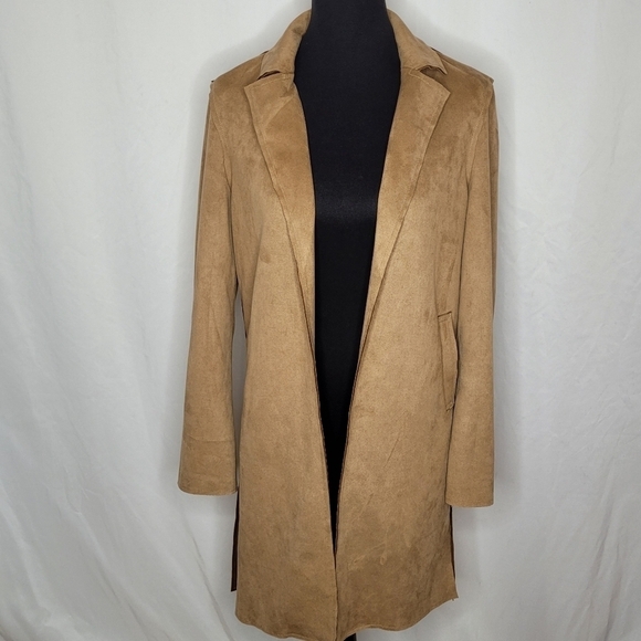 Tahari Cognac Faux Leather Open Front Roll-Tab Sleeve Long Blazer/Jacket - Sz XS - Picture 2 of 15